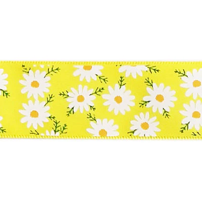 SINGLE FACE SATIN RIBBON 25mm - YELLOW WITH DAISY PRINT