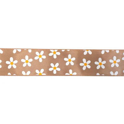 SINGLE FACE SATIN RIBBON 16mm - BROWN WITH DAISY PRINT